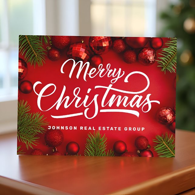 Modern Red Christmas Ornaments and Green Pine Holiday Postcard (Creator Uploaded)