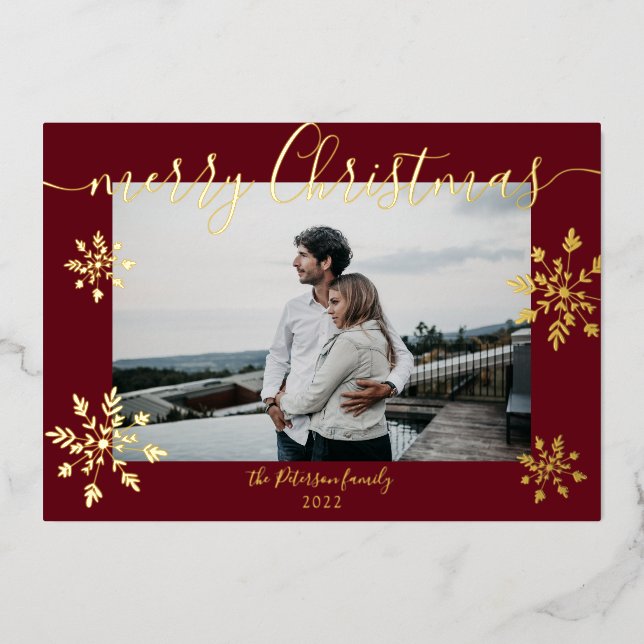 Modern red Christmas script snowflakes photo (Front)