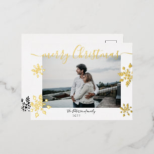 Modern red Christmas script snowflakes photo Foil Holiday Postcard