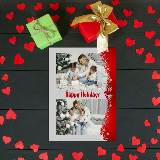 Modern red Christmas script snowflakes photo Holiday Card (Creator Uploaded)