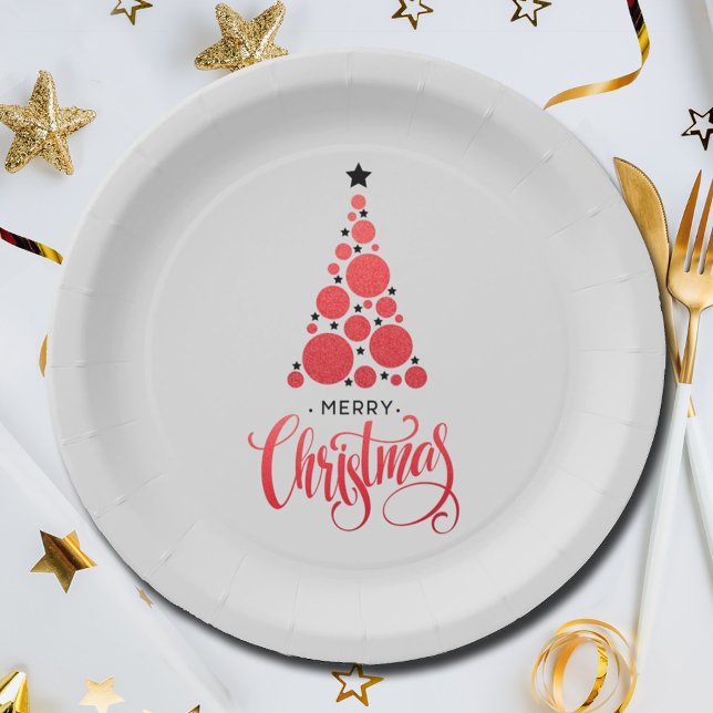 Modern Red Christmas Tree Holiday Paper Plate (Modern Red Christmas Tree Holiday Paper Plates)