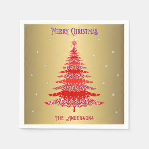 Modern Red Christmas Tree Snowflakes Name Gold Napkin