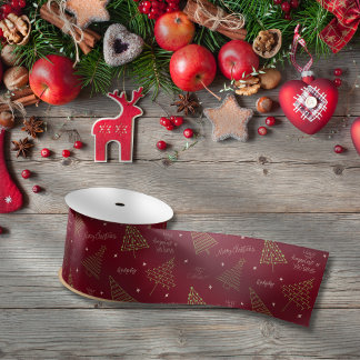 Modern red christmas trees & season greetings satin ribbon