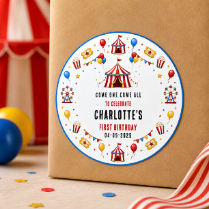 Modern Red Circus Ticket 1st Birthday Any Gender Classic Round Sticker