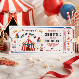 Modern Red Circus Ticket 1st Birthday Any Gender Invitation