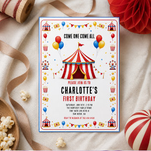 Modern Red Circus Ticket 1st Birthday Any Gender Invitation