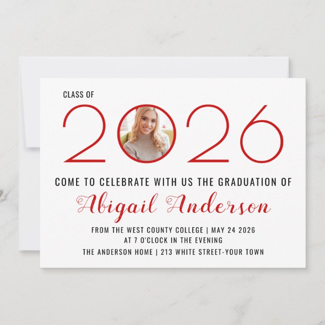 Modern red class of 2025 graduation photo invitation (Front)