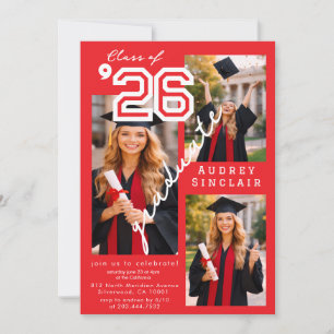 Modern Red Class of 2026 3-Photo Graduation Invit Invitation