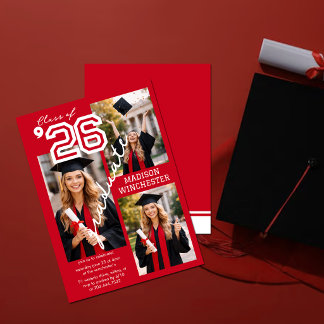 Modern Red Class of 2026 3-Photo Graduation Invite