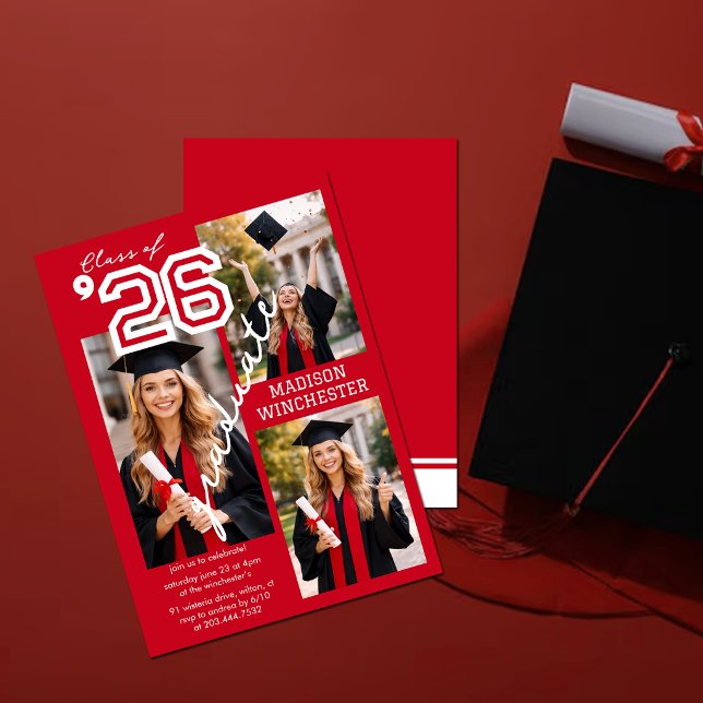 Modern Red Class of 2026 3-Photo Graduation Invite (Creator Uploaded)