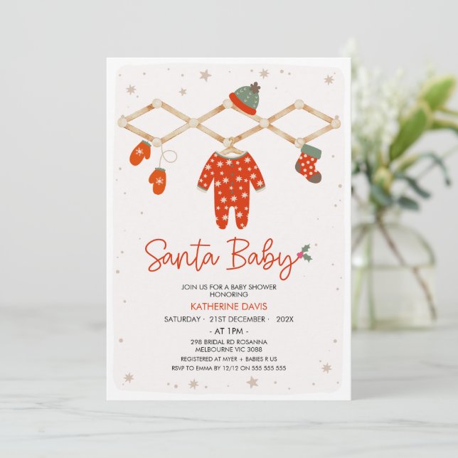 Modern Red Clothesline Santa Baby Baby Shower  Invitation (Standing Front)