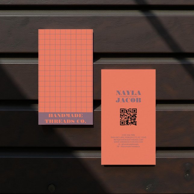 Modern Red Coral Chequered Pattern QR Code  Business Card (Creator Uploaded)
