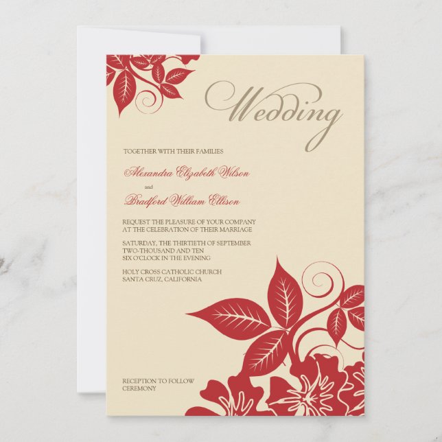 Modern Red/Cream Floral Wedding Invitation (Front)