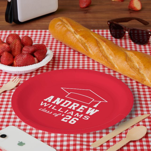 Modern Red Custom Graduation Party Paper Plate (Picnic)