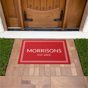 Modern red custom name date double border  doormat