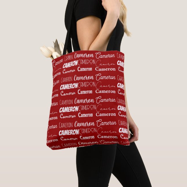 Modern Red Customized Name Collage Tote Bag (Close Up)
