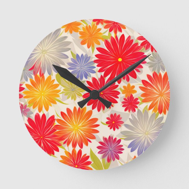 Modern Red Daisy BOHO design Round Clock (Front)