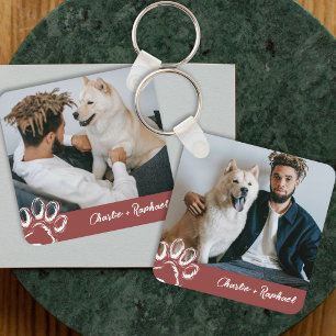 Modern Red Dog Lover Pet Photo Paw Print  Key Ring