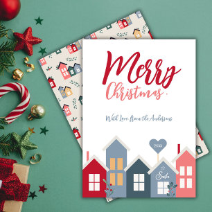 Modern Red Dusty Blue Santa Village Merry Christma Holiday Card