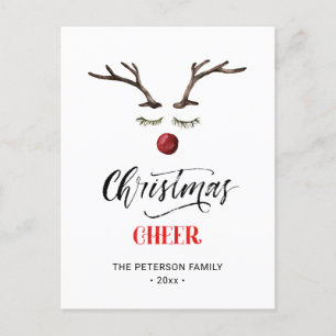 Modern Red Elegant Script Christmas CHEER Reindeer Postcard