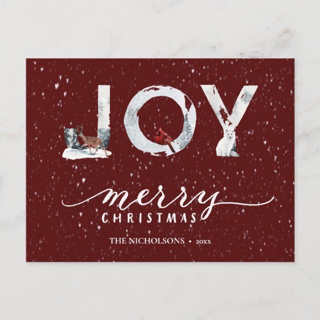 Modern Red Elegant Script JOY Winter Snow Overlay Holiday Postcard (Front)