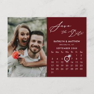 Modern Red Elegant Script Photo Save the Date Announcement Postcard