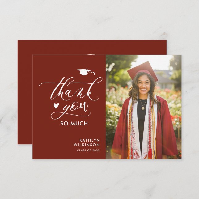 Modern Red Elegant Script Photo Simple Graduation Thank You Card (Front/Back)