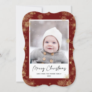 Modern Red Elegant Script Snowflakes Bokeh Overlay Holiday Card