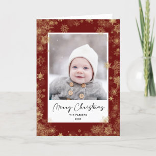 Modern Red Elegant Script Snowflakes Bokeh Overlay Holiday Card