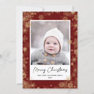 Modern Red Elegant Script Snowflakes Bokeh Overlay Holiday Card