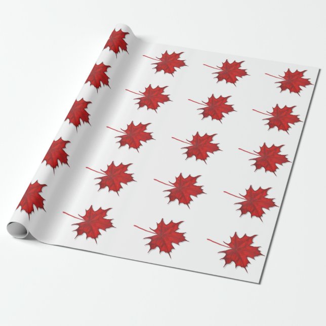 Modern Red Fall Maple Leaf Thanksgiving Wrapping Paper (Unrolled)