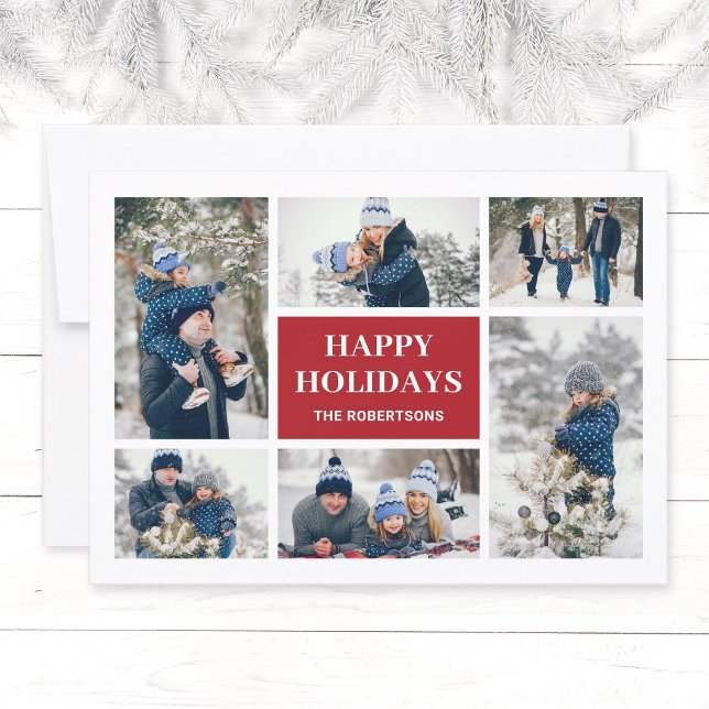 Modern Red Family 8 Photo Collage Christmas Card (Modern, elegant family in winter photo collage Christmas greeting card in red, Happy Holidays.)