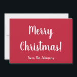 Modern Red Family Christmas Card<br><div class="desc">Keep it simple with this personalised, Merry Christmas design. It is in classic red and white. It has the message, "Merry Christmas!", and space for you to add your family name, in white stylish typography script. On the back, as well as "Merry Christmas!", it has the text "& a Happy...</div>