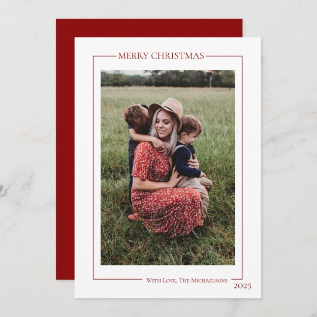 Modern Red Family Photo  Holiday Card (Front/Back)