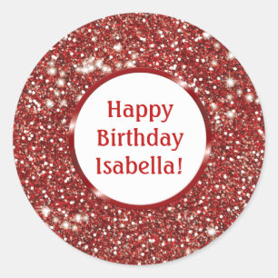 Modern Red Faux Glitter Look Custom Happy Birthday Classic Round Sticker