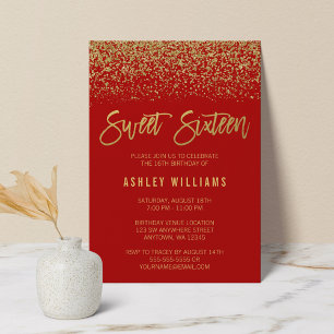 Modern Red Faux Gold Glitter Sweet 16 Invitation