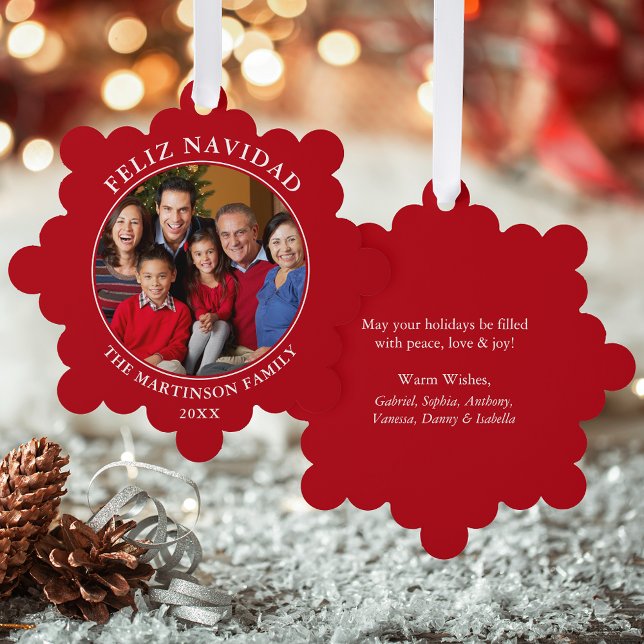 Modern Red Feliz Navidad Photo Tree Decoration Card (A greeting card that is also an ornament! Customize with your photo and personalized text.)