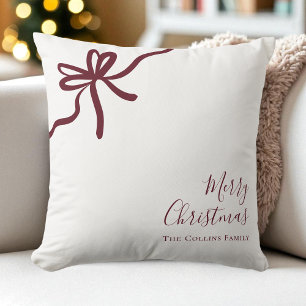 Modern Red Festive Bow Script Merry Christmas Cushion