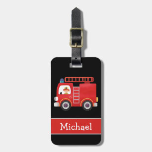 Modern Red Fire Truck Personalised Name Black Luggage Tag