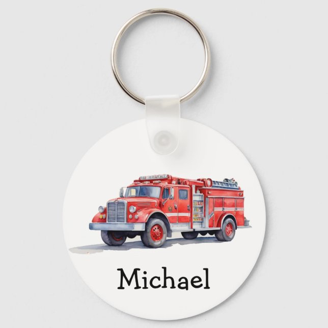Modern Red Fire Truck Personalised Name Key Ring (Front)