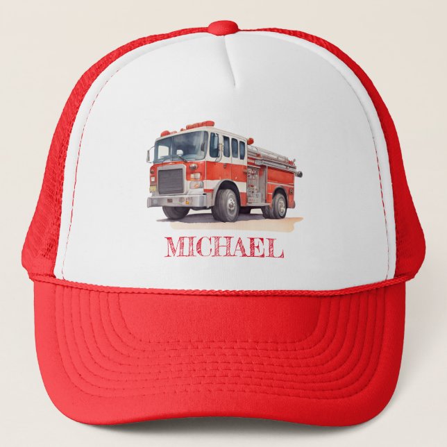 Modern Red Fire Truck Personalised Name Trucker Hat (Front)