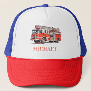Modern Red Fire Truck Personalised Name Trucker Hat