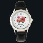 Modern Red Fire Truck Personalised Name Watch<br><div class="desc">This personalised fire truck watch will delight any young firefighter-in-training. Let them feel like a real hero every time they glance at the time. The bold red colour and detailed fire truck design will capture their imagination and make them feel special. Plus, with their name on the watch face, they'll...</div>
