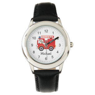 Modern Red Fire Truck Personalised Name Watch