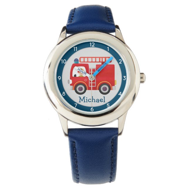 Modern Red Fire Truck Personalised Name Watch (Front)