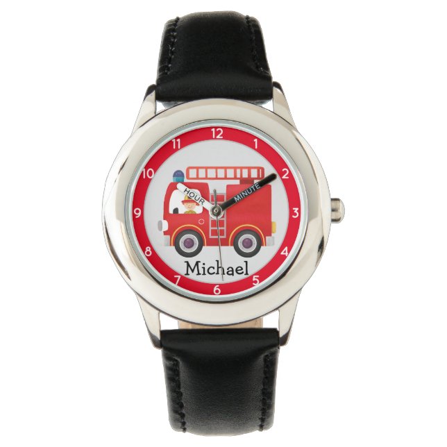 Modern Red Fire Truck Personalised Name  Watch (Front)