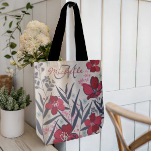 Modern Red Floral Monogram Tote Bag