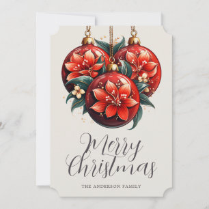 Modern Red Floral Ornaments Christmas Card