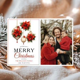 Modern Red Floral Ornaments Merry Christmas Photo Holiday Card