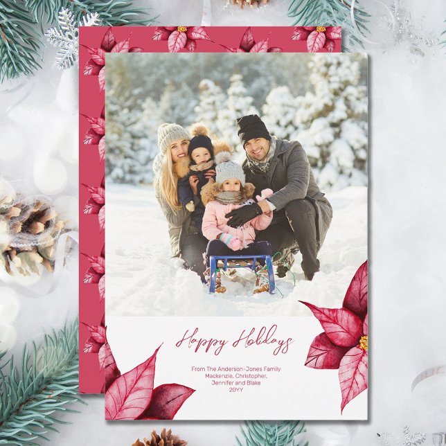 Modern Red Floral Photo Christmas Holiday Card (Creator Uploaded)
